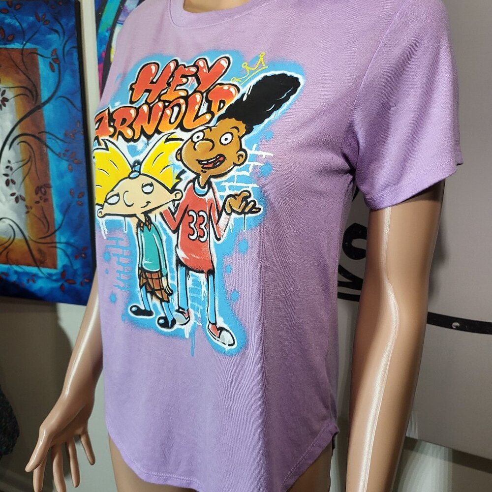 Hey Arnold & Gerald Lavender Lilac Curved Hem Nickelodeon T-Shirt Women's Size M